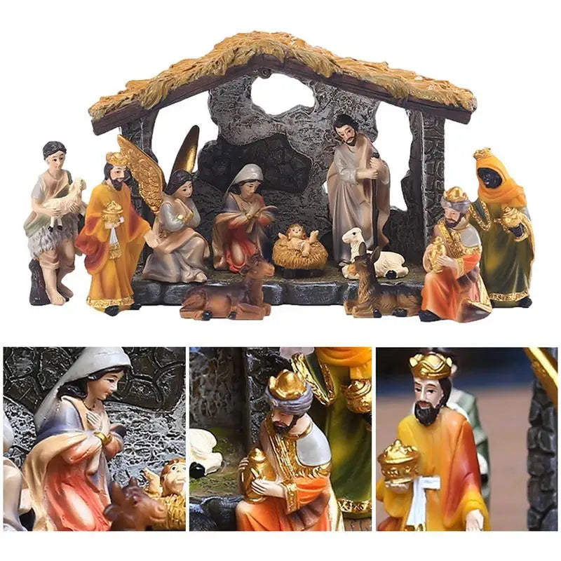 Manjedoura de Natal com 12 Peças Resina, Decoração de Jardim com Luz Led, Manjedoura de Natal, Presepio de Jardim, Presépio de Natal Para Jardim,Presepio de Jardim Iluminado, Presepio de Led Para Jardim, Manjedoura de Natal, Presépios de Natal, Presépio de Natal Completo, Presepio de Natal em Resina,Presépio de Resina  - Magazinecelia