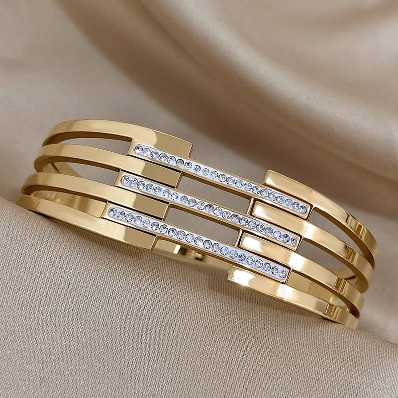 Pulseira com Strass Banhado a 18k,Pulseira Geométrica Dourada,Bracelete Feminino de Aço Inoxidável, Bracelete Vivave, Bracelete Liso, Bracelete Feminino 18K - Magazinecelia