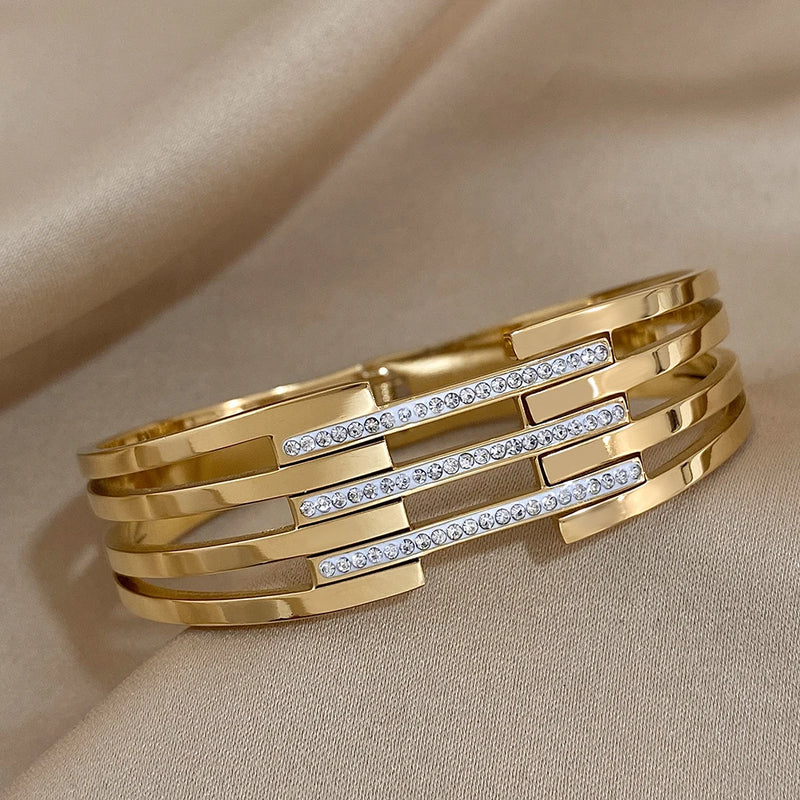 Pulseira com Strass Banhado a 18k,Pulseira Geométrica Dourada,Bracelete Feminino de Aço Inoxidável, Bracelete Vivave, Bracelete Liso, Bracelete Feminino 18K - Magazinecelia